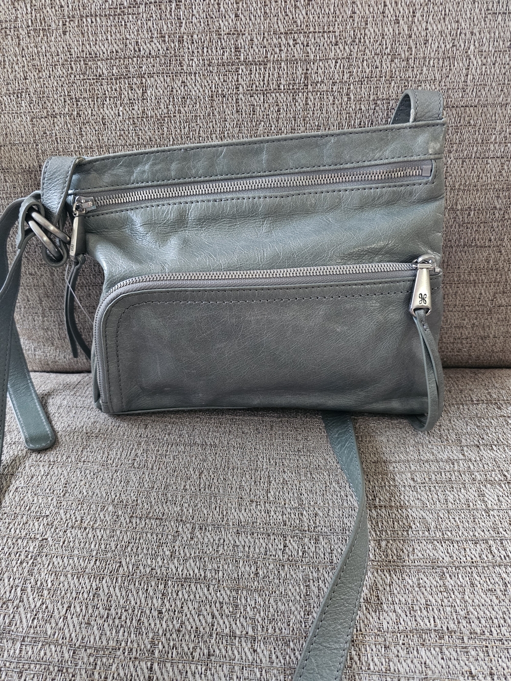 Y2K HOBO International Sage Green Distressed Leather Crossbody Bag
